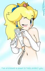  blonde_hair blush breasts crown irregular_fetishes mario_(series) naked nintendo object_between_breasts princess_peach sexually_suggestive white_gloves wii_remote wiimote 