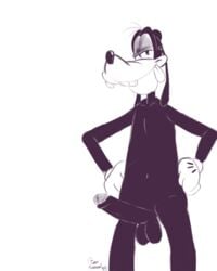 1boy anthro balls black_body black_fur black_nose buckteeth canid canine canis disney domestic_dog erect_penis foreskin fur genitals gloves goofy half-closed_eyes hands_on_hips hi_res humanoid_penis large_penis long_ears looking_at_viewer male male_only mammal partially_retracted_foreskin simple_background sketch smile smirk tongue tongue_out toonsexual uncut white_background yaoi 