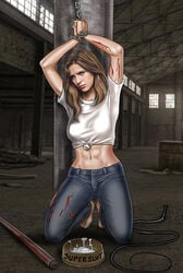  abs arms_up bad_end beaten blood bondage clothed cum_bowl dc defeated feet female hands_above_head humiliation kara_danvers kara_zor-el manacles melissa_benoist misterjer pipes supergirl superman_(series) tearing_clothes warehouse whip 