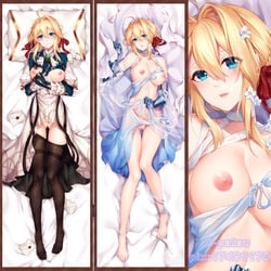  areolae blonde_hair blue_eyes body_pillow breasts dakimakura hair_ornament hair_ribbon looking_at_viewer lying nipples o-yatsu pussy sample thighhighs uncensored violet_evergarden violet_evergarden_(character) watermark 