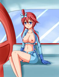  artist_request blush breasts female female_only human human_only huuro_(pokemon) large_breasts nipples pokemon pokemon_bw red_hair skyla_(pokemon) smile solo 