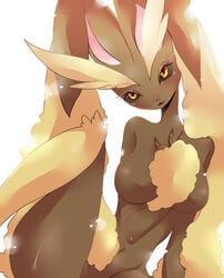  bottomless breasts brown_fur color exposed_breasts female female_only front_view fur furry furry_breasts furry_ears long_ears lopunny nintendo nude open_eyes orange_eyes pokemon solo topless white_background 