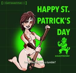  1girls bat breasts cait_(fallout) crueltyfreesmut dialogue fallout fallout_4 feet female female_only freckles green_eyes hair holidays kneeling looking_at_viewer nipple_piercing on_knees open_clothes pale-skinned_female pale_skin pinup pubic_hair pussy red_hair smile solo st._patrick&#039;s_day text thick_thighs thigh_gap twitter_username vault_boy_logo wide_hips 