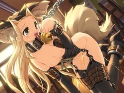  animal_ears anklet bell belt blonde_hair blush bondage breasts buckle cat_ears cat_pose catgirl chains collar corset heels high_heels jewelry nipples paw_pose peeing pet pet_play shoes strap straps suspenders tail thighhighs 