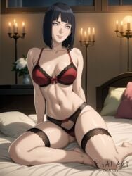  1girls ai_generated bed bedroom black_hair boruto:_naruto_next_generations candles female hi_res highres hyuuga_hinata lace lingerie lipstick milf naruto nighttime pillows pixai red_lingerie roses short_hair sitting smile solo valentine&#039;s_day white_eyes 