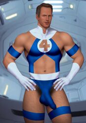 1boy biceps big_bulge boob_window bulge cosplay drawnpr0n fantastic_four hairy_male huge_bulge human human_only light-skinned_male light_skin male male_only marvel mature mature_male mr_fantastic muscular muscular_male partially_clothed pecs penis_outline pubes pubic_hair reed_richards skimpy sue_storm_(cosplay) sue_storm_90s_costume