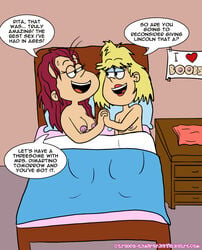  2girls after_sex agnes_johnson bed blonde_hair breasts cartoon-admirer dialogue english_text female female_only holding_hands milf red_hair rita_loud straight_hair text the_loud_house yuri 