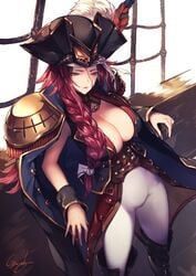  boots braid breasts cleavage closed_mouth fate/grand_order fate_(series) female francis_drake francis_drake_(fate) hat hat_feather huge_breasts jacket_on_shoulders knee_boots large_breasts long_hair looking_at_viewer pants pink_hair pirate plume scar ship signature simple_background solo standing underbust watercraft white_background white_pants 
