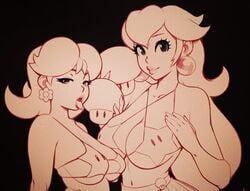  2girls bedroom_eyes big_breasts bikini breast_focus breasts cleavage earrings female female_only half-closed_eyes huge_breasts long_hair looking_at_viewer mario_(series) monochrome multiple_girls mushroom negarobo nintendo open_mouth princess_daisy princess_peach robaato royal_slut short_hair simple_background smile staring_at_viewer super_mario_bros. swimsuit tagme tongue tongue_out 