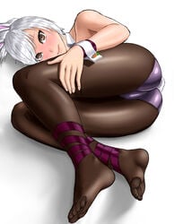  1girls blush brown_eyes bunny_ears bunny_girl bunnysuit embarrassed feet female female_only kaukase league_of_legends lying lying_on_side pantyhose riven shiny silver_hair solo thighs tights 