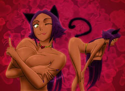 1girls animal_ears ass bangs bent_over bleach breast_press breast_squeeze breasts cat_ears cat_eyes cat_girl cat_tail choker cleavage closed_mouth collarbone covering covering_breasts crossed_arms dark-skinned_female dark_skin eyes female female_only gairon hand_on_knee hand_on_leg happy index_finger_raised large_breasts long_hair looking_aside looking_at_viewer nude one_eye_closed purple_hair shihouin_yoruichi smile solo standing tail tongue tongue_out upper_body wink yellow 