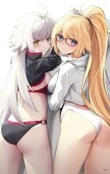  2girls ass bikini blonde_hair blue_eyes fate/grand_order fate_(series) female female_only glasses gold_eyes jacket jeanne_alter jeanne_alter_(swimsuit_berserker) jeanne_d&#039;arc_(fate) jeanne_d&#039;arc_(swimsuit_archer) long_hair looking_at_viewer swimsuit white_hair 