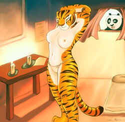  anthro breasts female indoors kung_fu_panda looking_at_another male master_tigress panda solo_focus standing tagme tiger topless 