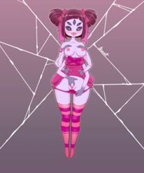  1girls 6_arms anthro black_hair blush bow breasts fangs female female_only gradient_background kionant looking_at_viewer muffet multi_arm multi_limb panties panty_pull purple_skin short_hair simple_background skirt skirt_lift spider spread_pussy thighhighs twintails undertale web 