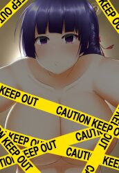  barricade_tape big_breasts black_and_yellow collarbone female female_focus female_only from_below hair_ribbon highres huge_breasts kamishiro_satsuki keep_out kuroko_(kamishiro_satsuki) looking_down original_character pixiv pov skyscraper speech_bubble translation_request yellow_and_black 