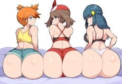  3girls aged_up ai_generated ass_to_ass back big_ass bubble_butt dat_ass dawn_(pokemon) dumptruck_ass female female_only human kasumi_(pokemon) may_(pokemon) multiple_girls novelai pokemon pokemon_dppt pokemon_rse take_your_pick 