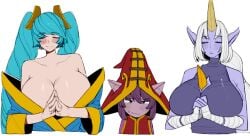  3girls animal_ears banana bare_shoulders between_breasts breast_envy breast_size_difference breasts cleavage cleavage_cutout clothing_cutout collarbone food fruit gray_hair hair_ornament hat horns large_breasts league_of_legends long_hair lulu_the_fae_sorceress multiple_girls ohasi pointy_ears ponytail purple_hair single_horn sona_buvelle soraka tagme twintails very_long_hair witch_hat yordle 