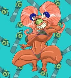  1_eye 1girls 2017 accessory arm_up big_breasts bikini blue_nails breasts cacodemon_(doom) cameltoe chainsaw clothed clothing colored_nails cookie_demon_(robotjoe) crouching demon digital_media_(artwork) doom fangs female green_eyes hair hair_accessory horns humanoid humanoidized looking_at_viewer monstrous_humanoid nails navel pink_hair protypem3x red_body red_skin seductive sharp_teeth smile solo soul_sphere_(doom) spikes squatting swimwear teeth thick_thighs thumbs_up tools video_games weapon 