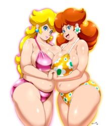  2girls bikini fat mario_(series) nintendo overweight princess_daisy princess_peach slightly_chubby speeds voluptuous 