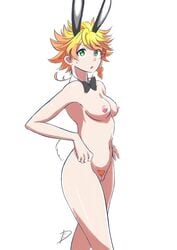  1girls 2019 bare_arms bare_breasts bare_legs bare_shoulders belly_button bow_tie breasts bunny_ears bunny_tail deanialsart emma_(the_promised_neverland) fanart female female_only green_eyes navel nude pale-skinned_female pale_skin pixiv pubic_hair short_hair textless the_promised_neverland watermark white_background 