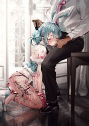  1boy 1girls after_sex all_fours anal anal_object_insertion animal_ears body_writing bondage bunny_ears condom cum dildo double_penetration femsub finger_in_mouth gloves handcuffs hatsune_miku heels high_heels kvpk5428 leash maledom petplay saliva tagme tally_marks used_condom vaginal vaginal_object_insertion vocaloid 