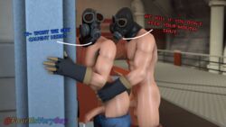  2boys 3d cum fourtisverygay gay glove male male/male male_only masks muscular pants_down penis precum pyro story team_fortress_2 text 
