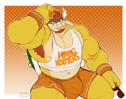  anthro armpit_hair backwards_baseball_cap beard bonicfan123 bowser bulge facial_hair flufflecraft furry gay hand_on_head himbo_hooters horns looking_at_viewer male male_only mario_(series) moustache nintendo shell shirt shorts sitting sitting_down solo spiky_shell sunglasses_removed wristbands 