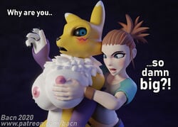  3d anthro bacn big_breasts black_sclera blush breast_envy breast_grab breast_squish breasts canid canine clothed clothing dialogue digimon digimon_(species) duo english_text female female/female fox fur hand_on_breast human human_on_anthro interspecies mammal nipples nude open_mouth renamon renamon_(bacn) rika_nonaka simple_background size_worship squish surprise text white_body white_fur yellow_body yuri 