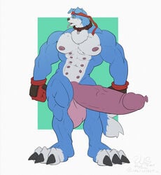  abs blue_fur collar digimon digimon_(species) foreskin fur furry gaomon huge_butt huge_cock large_penis male male_only multi_nipple muscles muscular muscular_male penis standing toe_claws uncut white_fur wolfsecret 