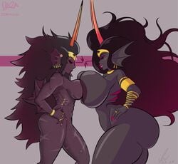  2020 2girls ass big_breasts black_hair breast_press breasts crown female female_only fin_piercing fins gills grey_background grey_skin homestuck horns jewelry kurukurudaza long_hair ms_paint_adventures naked pierump pink_lips pink_nails scars the_condesce troll 
