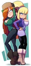  2girls ass ass_to_ass big_ass big_breasts blonde_hair boots breasts disney disney_channel earrings female female_only gravity_falls hand_on_hip hat large_breasts lumberjack_hat multiple_girls pacifica_northwest ravenravenraven red_hair smile smiling straight_hair thick_thighs waist_belt wendy_corduroy 