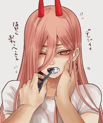  +_+ bangs blush breasts brushing_another&#039;s_teeth brushing_teeth chainsaw_man collarbone commentary_request crosshair_pupils demon_girl demon_horns eyebrows_visible_through_hair fangs female female_only hair_between_eyes half-closed_eyes hand_on_another&#039;s_face holding holding_toothbrush horns hoshi_san_3 long_hair looking_at_viewer looking_to_the_side open_mouth pink_hair power_(chainsaw_man) red_horns sharp_teeth shirt short_sleeves sidelocks simple_background solo teeth toothbrush toothbrush_in_mouth uncommon_stimulation very_long_hair white_background white_shirt 