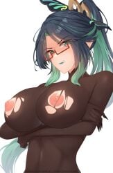  1girls areolae big_breasts blue_hair bodysuit breasts crossed_arms exposed_nipples female genshin_impact glasses large_breasts lipstick multicolored_hair nipples pinkius solo solo_female teal_eyes teal_hair torn_bodysuit torn_clothes torn_clothing xianyun_(genshin_impact) 