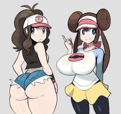  2girls alternate_ass_size alternate_breast_size ass ass_size_difference behitbo big_ass big_breasts big_butt blue_eyes bottom_heavy breast_size_difference breasts brown_hair busty cap creatures_(company) curvaceous curvy curvy_female curvy_figure denim_shorts double_bun doughnut_hair_bun female female_focus female_only game_freak gray_background grey_background hair_bun hair_buns hat headwear hi_res high_resolution highres hilda_(pokemon) huge_breasts jean_shorts large_ass large_breasts leggings light-skinned_female light_skin long_hair nintendo pokemon pokemon_(game) pokemon_bw rosa_(pokemon) shorts simple_background skirt smile smiling thick_thighs thighs tights top_heavy voluptuous voluptuous_female white_shirt 