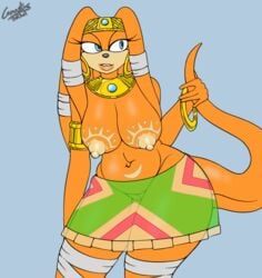  2021 anthro black_nose blue_eyes breast_markings breasts canastus clothing ear_piercing echidna eyelashes female hair half-closed_eyes jewelry lips long_tail markings nipples orange_body orange_hair piercing pussy ring smile solo sonic_(series) standing tail tail_grab tight_clothing tikal_the_echidna topless 