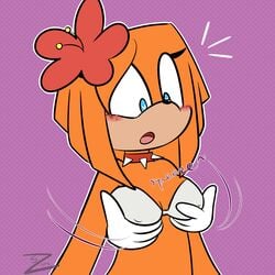  blue_eyes bra breast_grab breasts collar duo eyelashes fingers flower_in_hair gloves hair looking_down silverzure sonic_(series) spiked_collar spikes tikal_the_echidna 