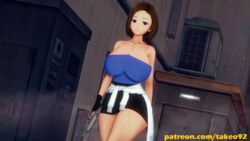  1girls 3d 3d_(artwork) alley bare_shoulders big_breasts blue_eyes brown_hair busty cleavage clothing curvaceous curvy female female_focus female_only fingerless_gloves firearm gun handgun holding_weapon huge_breasts human jill_valentine jill_valentine_(sasha_zotova) koikatsu large_breasts looking_at_viewer miniskirt no_eyewear pale_skin patreon pinup pose resident_evil resident_evil_3 revealing_clothes revolver short_hair solo sweater_around_waist takeo92 text thick_thighs tight_clothing tubetop walking weapon wide_hips 