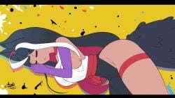  animated animated aonoexorcist100 big_breasts black_hair fox jiggling_breasts legs_apart legs_spread pussy_peek red_eyes 