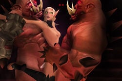  1boy 1girls 2014 3d anal anal_sex blonde_hair blood_elf bob_cut cowgirl_position fel_orc green_eyes interspecies mira_sunshadow muscular_male original_character red_skin rexxcraft size_difference spread_legs threesome vaginal_penetration world_of_warcraft 