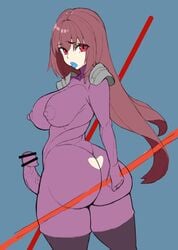  1futa ass big_ass big_breasts big_butt big_penis bodysuit bulge censor_bar censored censored_penis erection erection_under_clothes fate/grand_order fate_(series) futa_only futanari human lance lipstick long_hair looking_at_viewer looking_back mature_female nikujuu_uc nipple_bulge pale_skin pantyhose penis red_eyes scathach_(fate) solo standing thick_thighs thighhighs 
