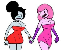  2girls adventure_time big_breasts black_choker black_hair blush bracelets bubble_butt canon_couple cartoon_network choker cleavage covered_navel dot_eyes dunnhierdraws elbow_gloves embarrassed eyelashes female gloves gold_jewelry grey_skin hair_bun hips holding_hands looking_down marceline medium_hair open_mouth pink_dress pink_hair pink_skin princess_bubblegum purple_elbow_gloves red_dress short_dress simple_background smile smiling teeth thick_thighs thighs tight_clothing tight_dress tight_fit white_background wide_hips yuri zero0xygen 