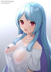  :d artist_name bangs blue_hair blush breasts collarbone colored_inner_hair ett eyebrows_visible_through_hair female gradient gradient_background grey_background grey_shirt highres large_breasts long_hair looking_at_viewer multicolored_hair nipples no_bra off_shoulder open_mouth original paw_print paw_tattoo pink_eyes purple_hair see-through shirt short_sleeves single_bare_shoulder smile solo straight_hair swept_bangs tattoo upper_body very_long_hair wet wet_clothes wet_shirt 