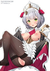  1girls artist_name black_legwear blush braid breast_tattoo breasts breasts_out censored ett eyebrows_visible_through_hair female flower gauntlets genshin_impact green_eyes hair_flower hair_ornament heart heart_censor highres large_breasts lifted_by_self nipples noelle_(genshin_impact) pantyhose paw_print paw_tattoo pussy red_flower red_rose rose short_hair silver_hair simple_background sitting solo tattoo torn_clothes torn_legwear white_background white_headwear 