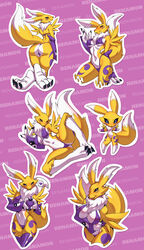  1girls 2021 3_fingers absurd_res absurdres alanscampos anthro ass background big_breasts bikini blush breasts chibi digimon digimon_(species) feet female female_only fox patreon pose purple_sleeves renamon sleeves solo sticker tail yellow_fur 