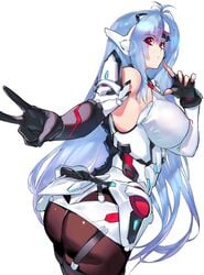  ass bare_shoulders blade_(xenoblade) blue_hair breasts cute cyborg elbow_gloves expressionless female forehead_protector gloves highres kos-mos kos-mos_re: large_breasts long_hair looking_at_viewer negresco pantyhose red_eyes simple_background standing v very_long_hair white_background xenoblade_(series) xenoblade_chronicles_2 xenosaga 