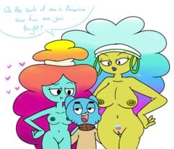  2girls anthro bluejr breasts cartoon_network clothed_male_nude_female cute daughter dialogue exhibitionism female female_focus gumball_watterson headband jackie_wilson mother mother_and_daughter multicolored_hair nipples nude pubic_hair rachel_wilson size_difference text the_amazing_world_of_gumball third-party_edit vagina 