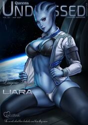  alien asari blue_eyes blue_skin bra child_bearing_hips cleavage cleavage_overflow clothing dandon_fuga deep_cleavage female freckles g-string liara_t&#039;soni looking_at_viewer mass_effect mass_effect_2 mass_effect_3 outerwear panties small_panties smiling_at_viewer thick_thighs thighhighs thighs thong undressing wide_hips 