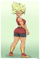  1girls boots dragon_ball dragon_ball_super female female_only fully_clothed green_hair kale muscular_female solo super_saiyan yellow_hair 