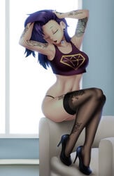  1girls closed_eyes crop_top earrings female female_only hands_in_hair hands_on_head heels lipstick necklace original original_character pinup posing purple_hair sidney_(zeshgolden) sitting solo stockings tank_top tattoo zeshgolden 