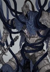  1boy armor artorias_the_abysswalker bondage dark_souls detailed faceless fromsoftware helmet knight male_only malesub pilgrim_(silentreverie) restrained solo solo_focus tentacle tentacle_grab tentacle_on_male tentacles torn_clothes 